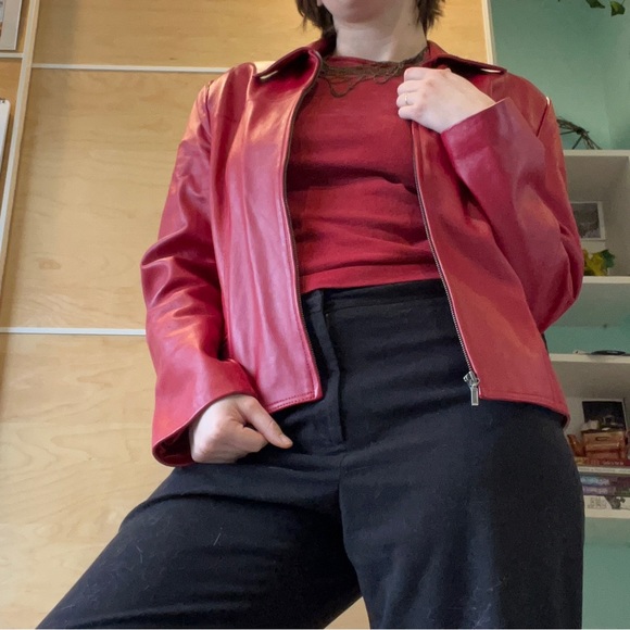 Vintage Red 100% Leather Rocker Jacket Size 10 - Picture 9 of 9